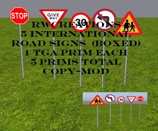 Second Life Marketplace 5 International Road Sign on pole Kit 1 Prim